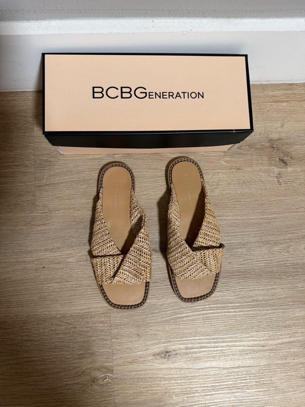 BCBGeneration Tan Woven Crisscross Slide Sandals